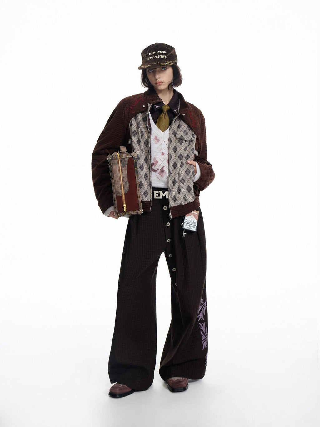 EMOBROTHER Reversible Embroidered Loose Lapel Unisex Casual Geometric Brown Cropped Jackets