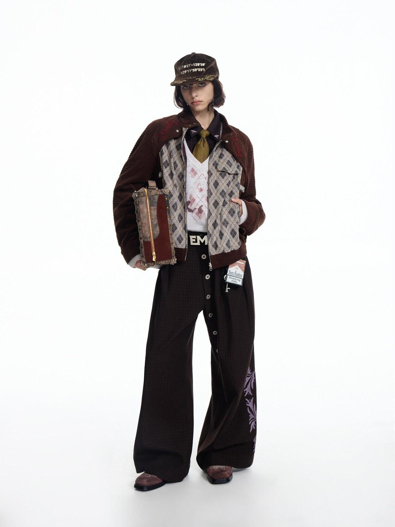 EMOBROTHER Reversible Embroidered Loose Lapel Unisex Casual Geometric Brown Cropped Jackets