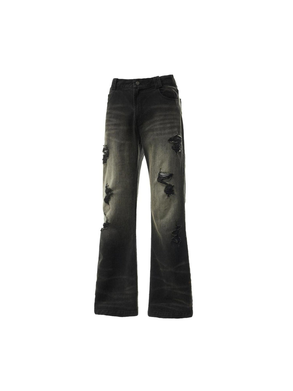 EMOBROTHER Ripped Washed Mid High Rise Relaxed Straight Casual Black Cotton Flare Jeans