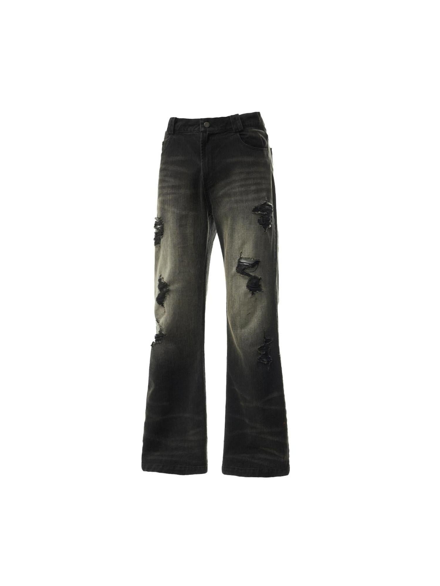 EMOBROTHER Ripped Washed Mid High Rise Relaxed Straight Casual Black Cotton Flare Jeans