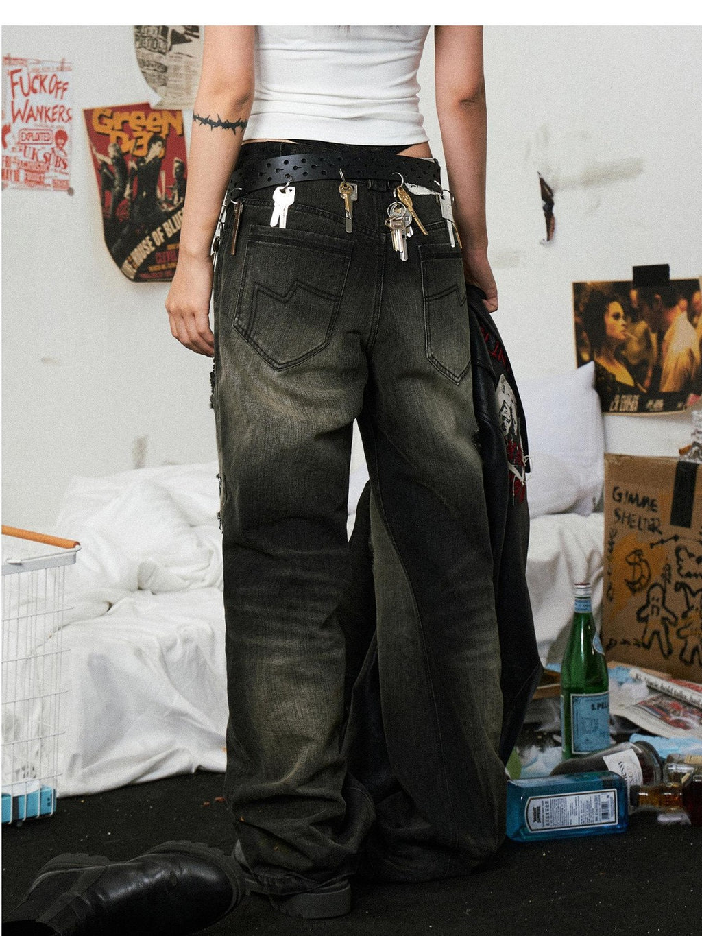 EMOBROTHER Ripped Washed Mid High Rise Relaxed Straight Casual Black Cotton Flare Jeans
