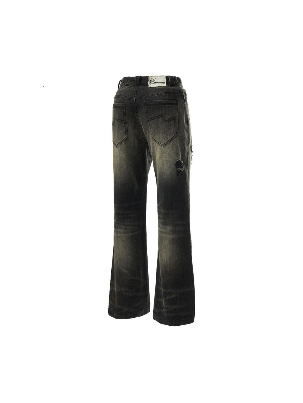 EMOBROTHER Ripped Washed Mid High Rise Relaxed Straight Casual Black Cotton Flare Jeans