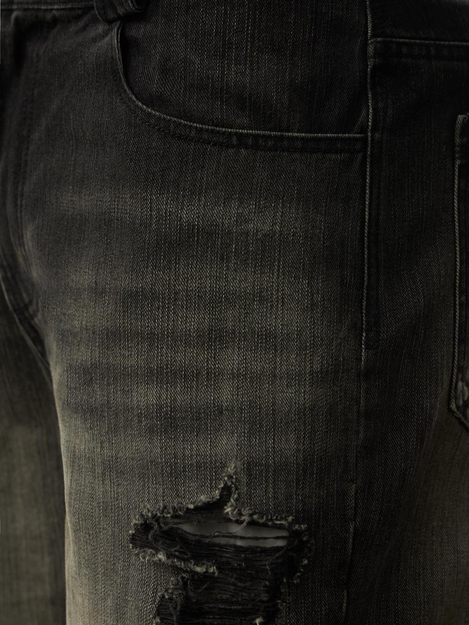 EMOBROTHER Ripped Washed Mid High Rise Relaxed Straight Casual Black Cotton Flare Jeans