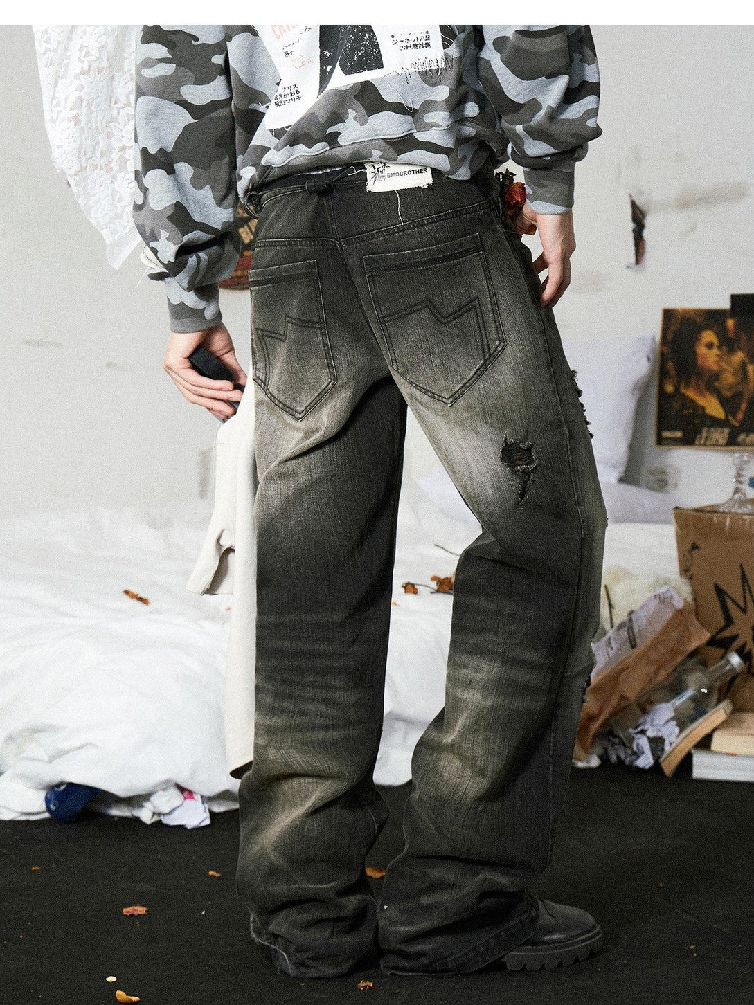 EMOBROTHER Ripped Washed Mid High Rise Relaxed Straight Casual Black Cotton Flare Jeans