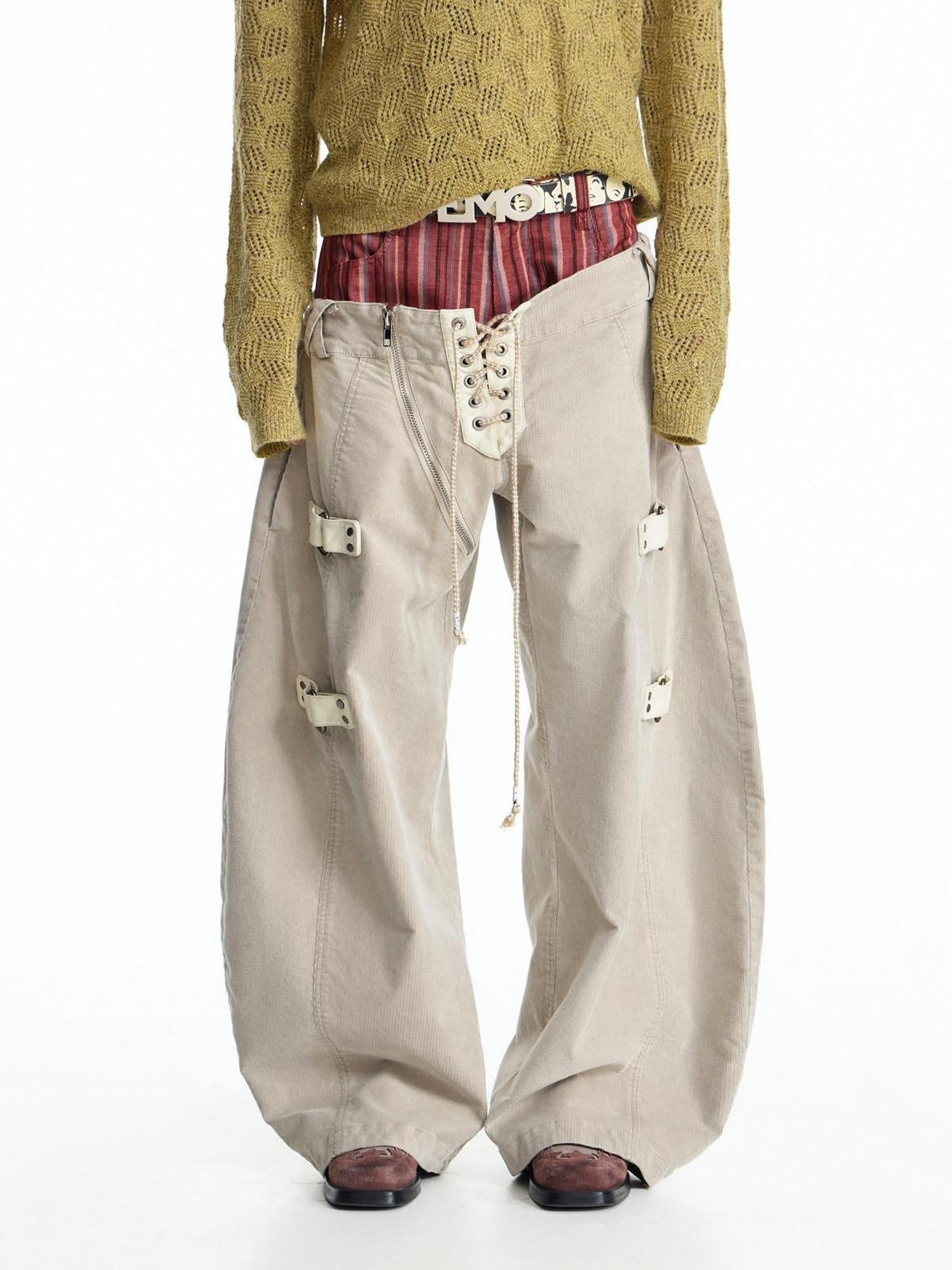EMOBROTHER Shape Retaining Cotton Patchwork Loose Natural Waist Stripe Beige Wide-Leg Jeans