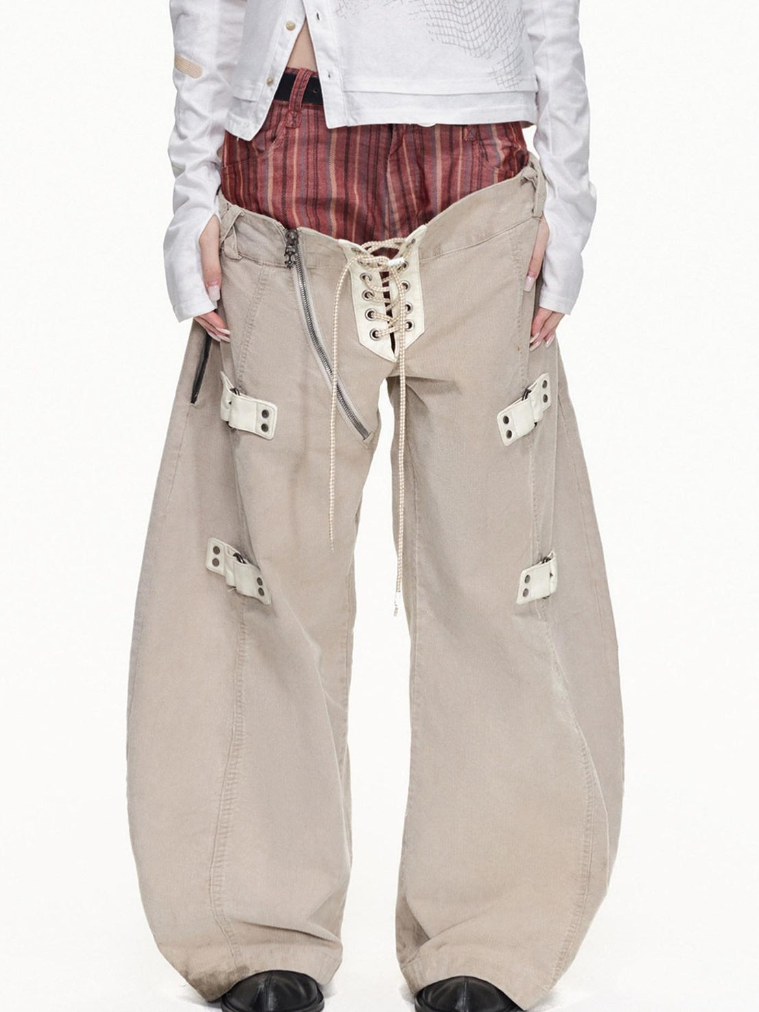 EMOBROTHER Shape Retaining Cotton Patchwork Loose Natural Waist Stripe Beige Wide-Leg Jeans