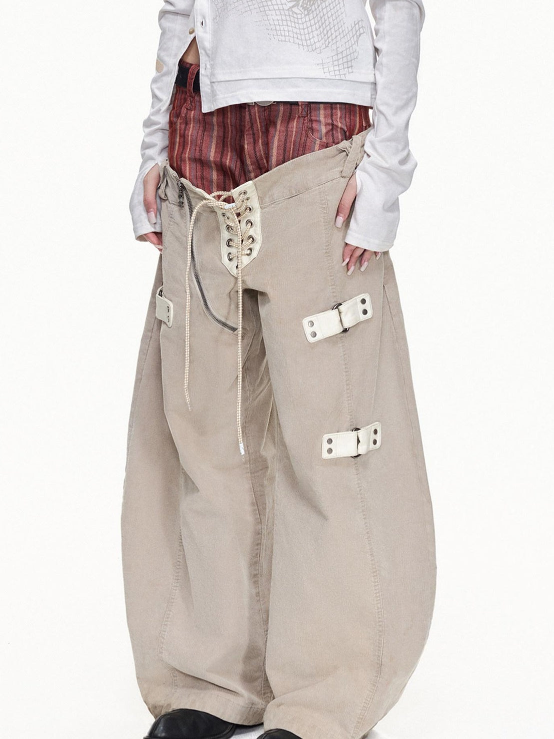 EMOBROTHER Shape Retaining Cotton Patchwork Loose Natural Waist Stripe Beige Wide-Leg Jeans