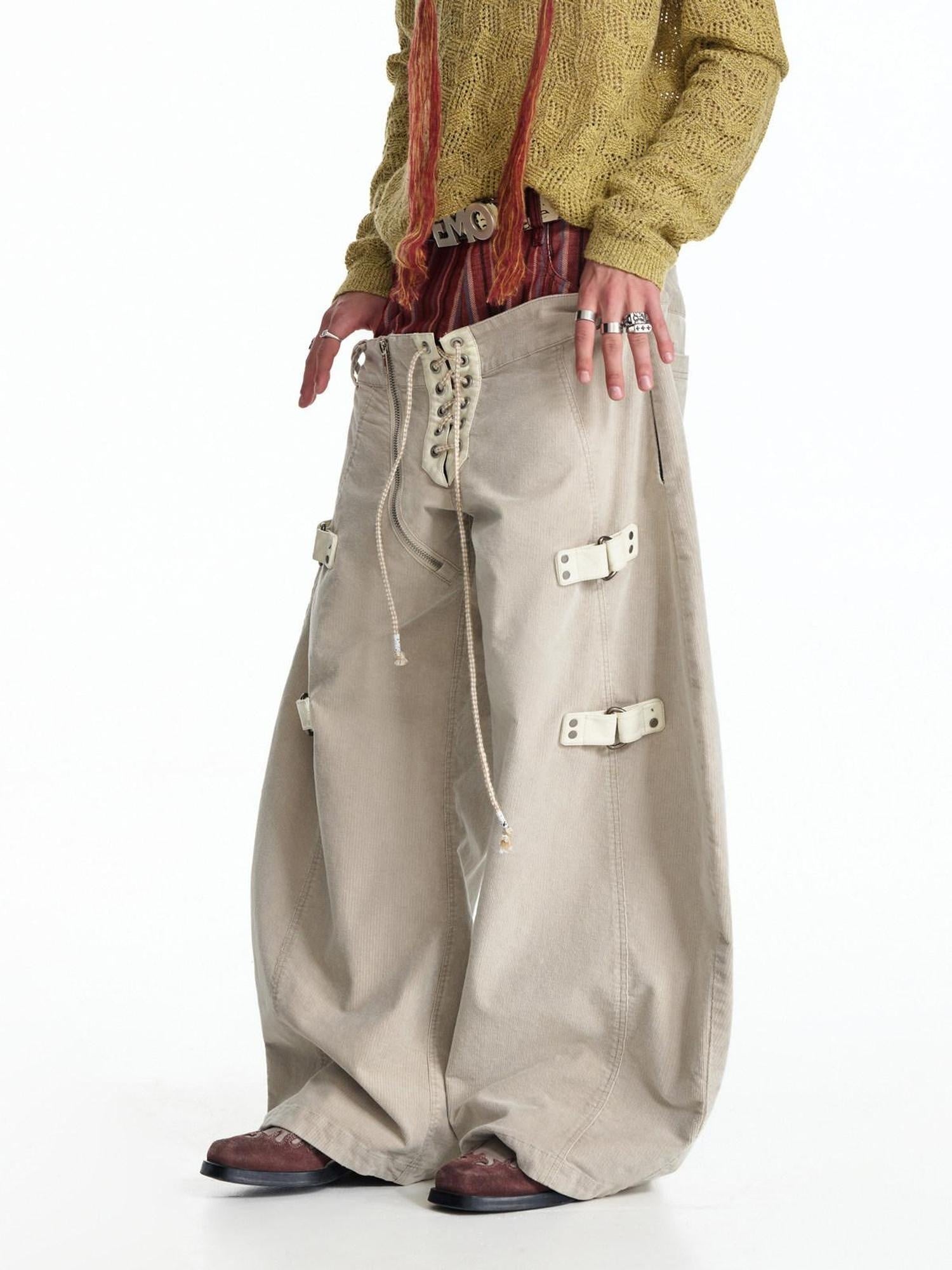 EMOBROTHER Shape Retaining Cotton Patchwork Loose Natural Waist Stripe Beige Wide-Leg Jeans