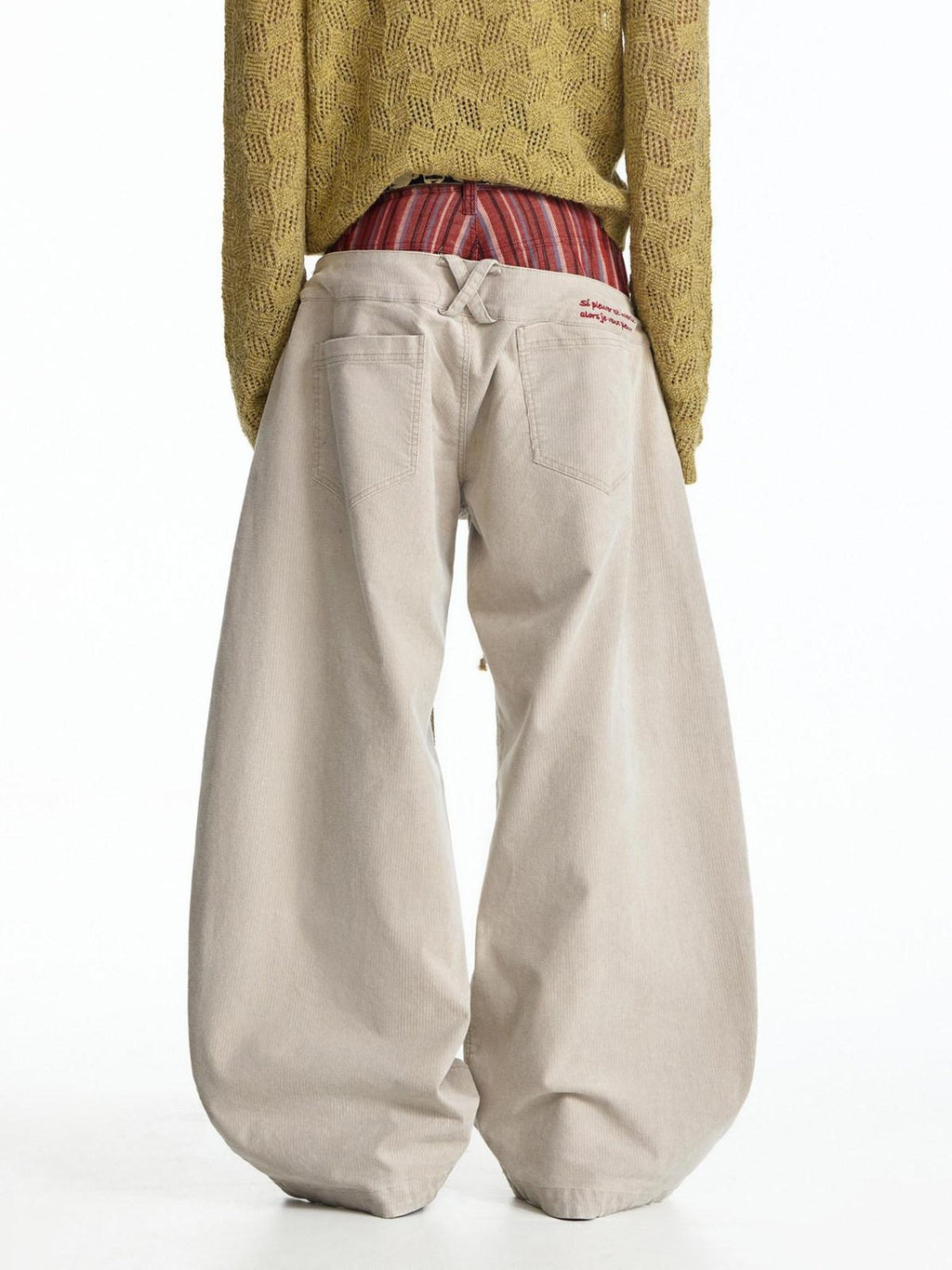 EMOBROTHER Shape Retaining Cotton Patchwork Loose Natural Waist Stripe Beige Wide-Leg Jeans