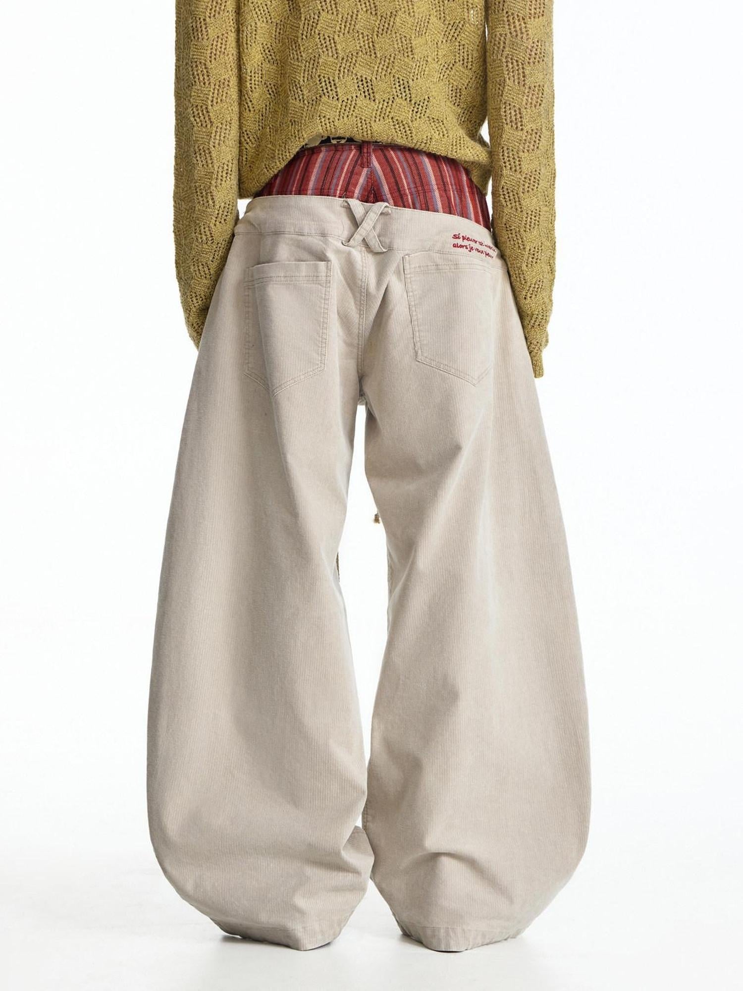 EMOBROTHER Shape Retaining Cotton Patchwork Loose Natural Waist Stripe Beige Wide-Leg Jeans