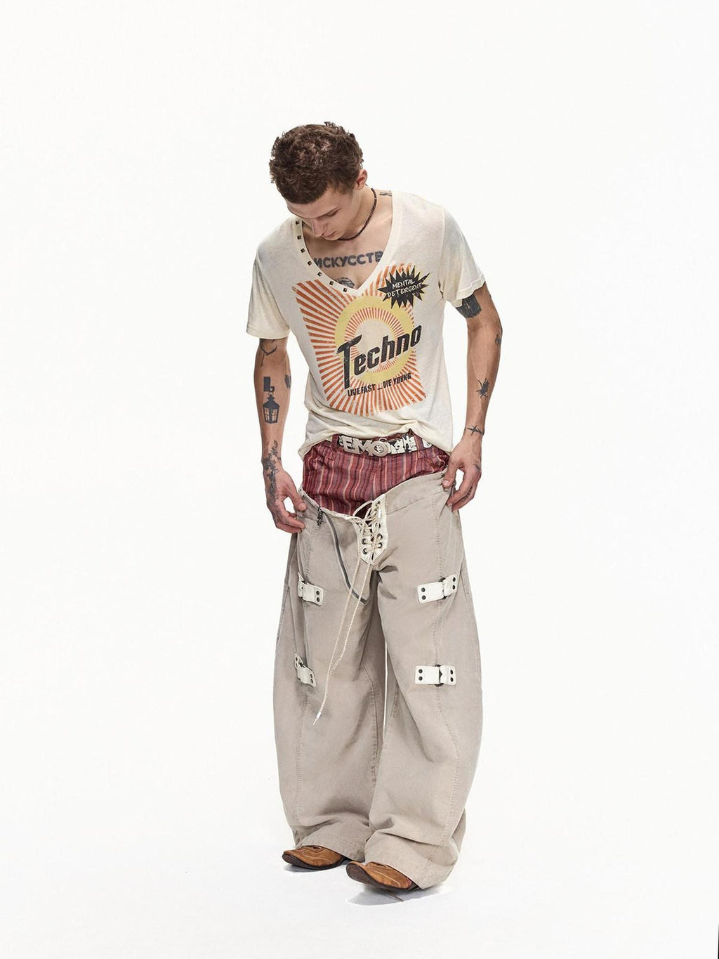 EMOBROTHER Shape Retaining Cotton Patchwork Loose Natural Waist Stripe Beige Wide-Leg Jeans
