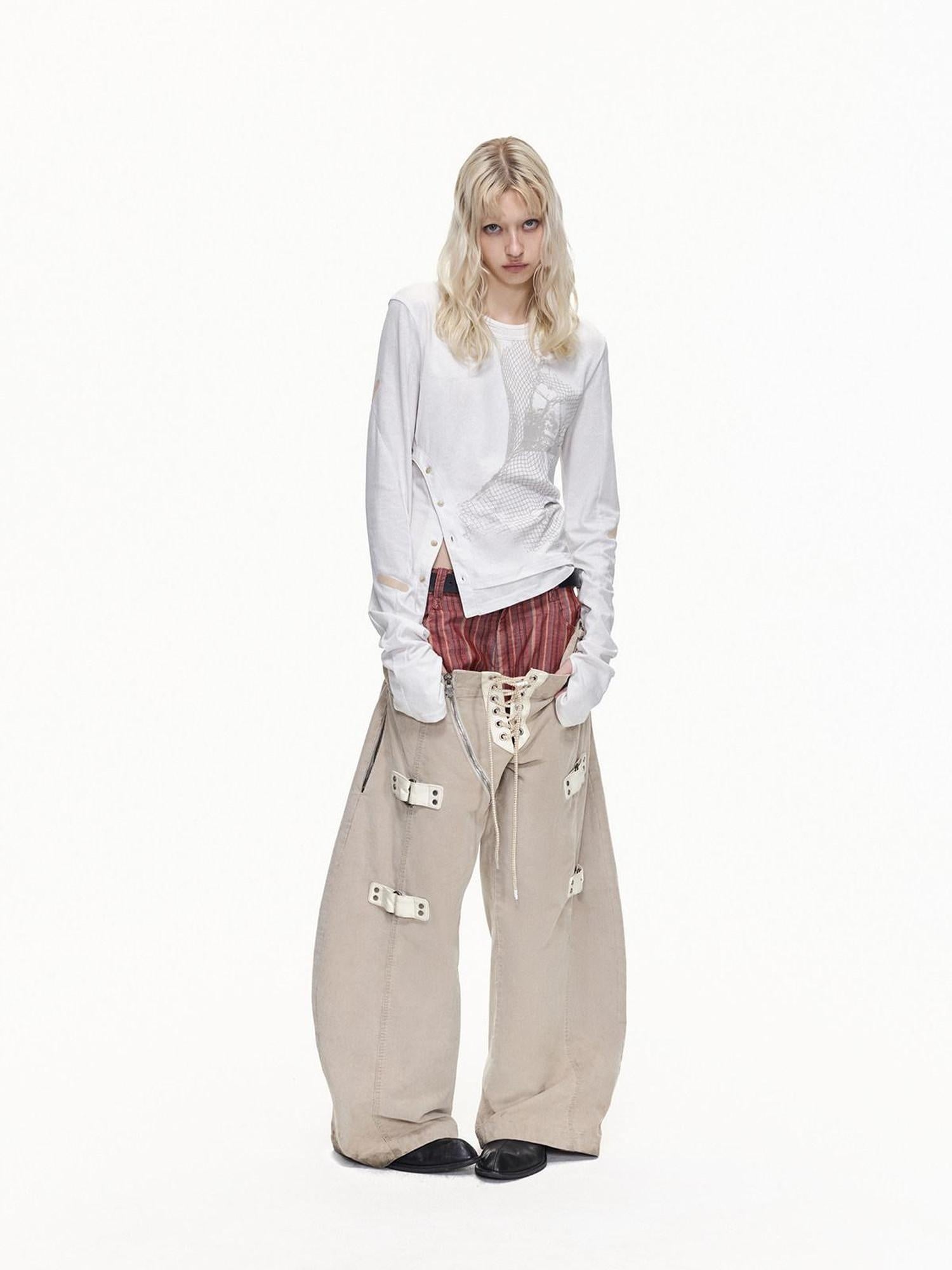 EMOBROTHER Shape Retaining Cotton Patchwork Loose Natural Waist Stripe Beige Wide-Leg Jeans