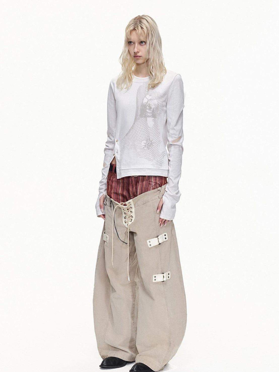 EMOBROTHER Shape Retaining Cotton Patchwork Loose Natural Waist Stripe Beige Wide-Leg Jeans