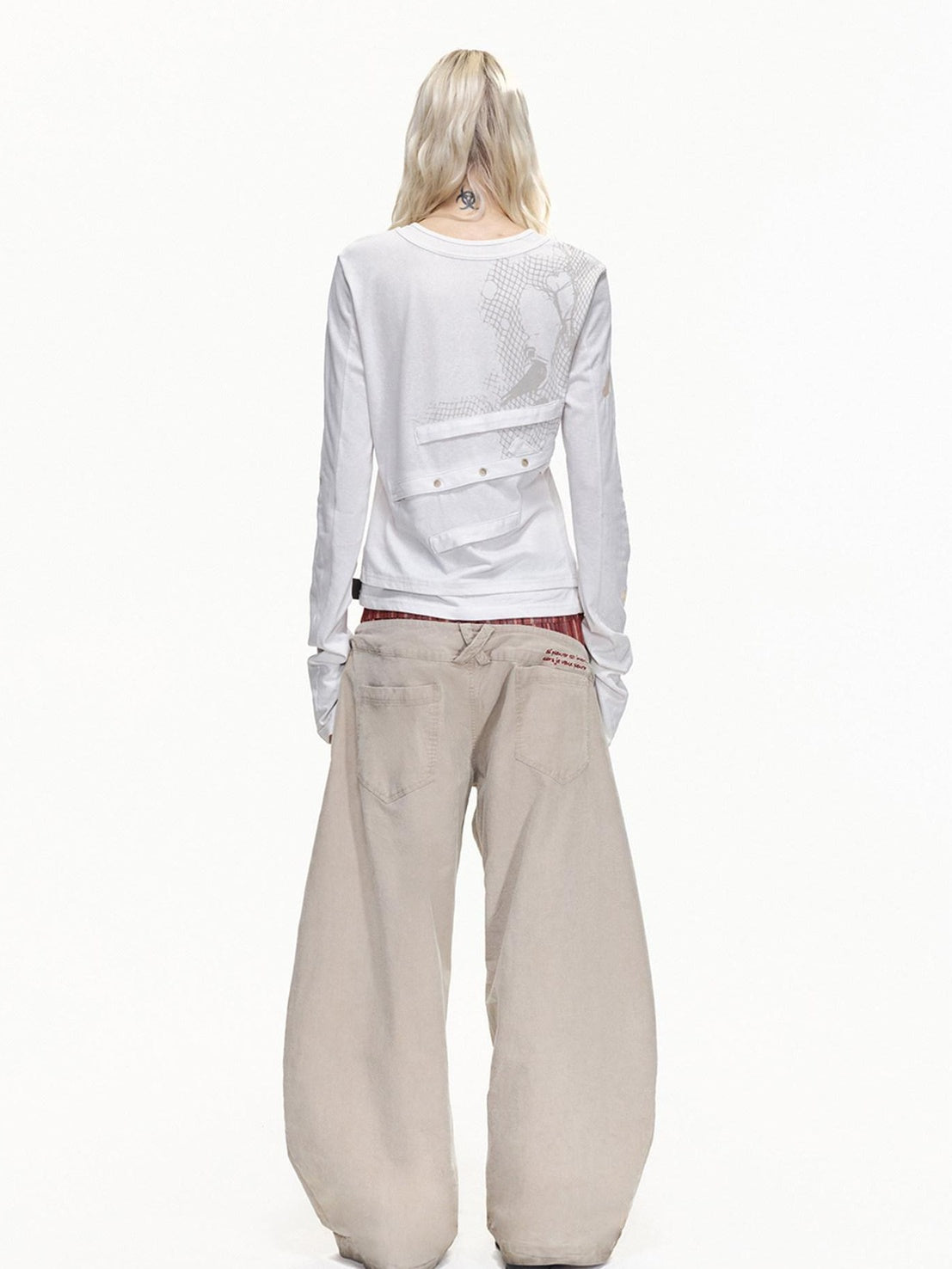 EMOBROTHER Shape Retaining Cotton Patchwork Loose Natural Waist Stripe Beige Wide-Leg Jeans