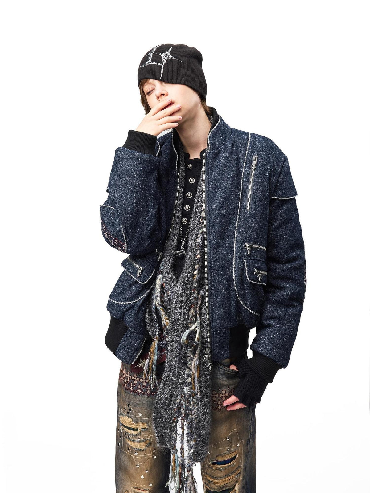 EMOBROTHER Shiny Deconstructed Embroidered Stand Collar Women's Bomber Jackets