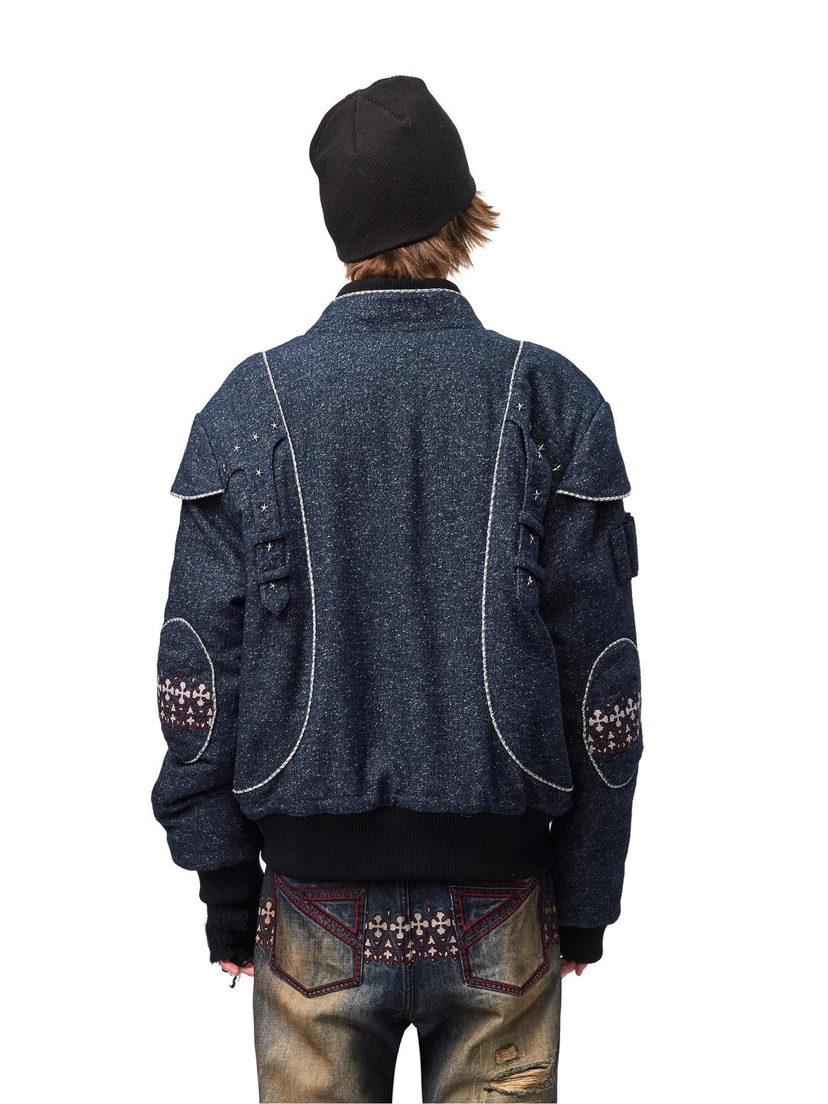 EMOBROTHER Shiny Deconstructed Embroidered Stand Collar Women's Bomber Jackets