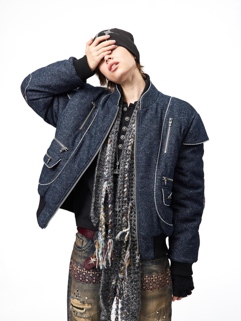 EMOBROTHER Shiny Deconstructed Embroidered Stand Collar Women's Bomber Jackets