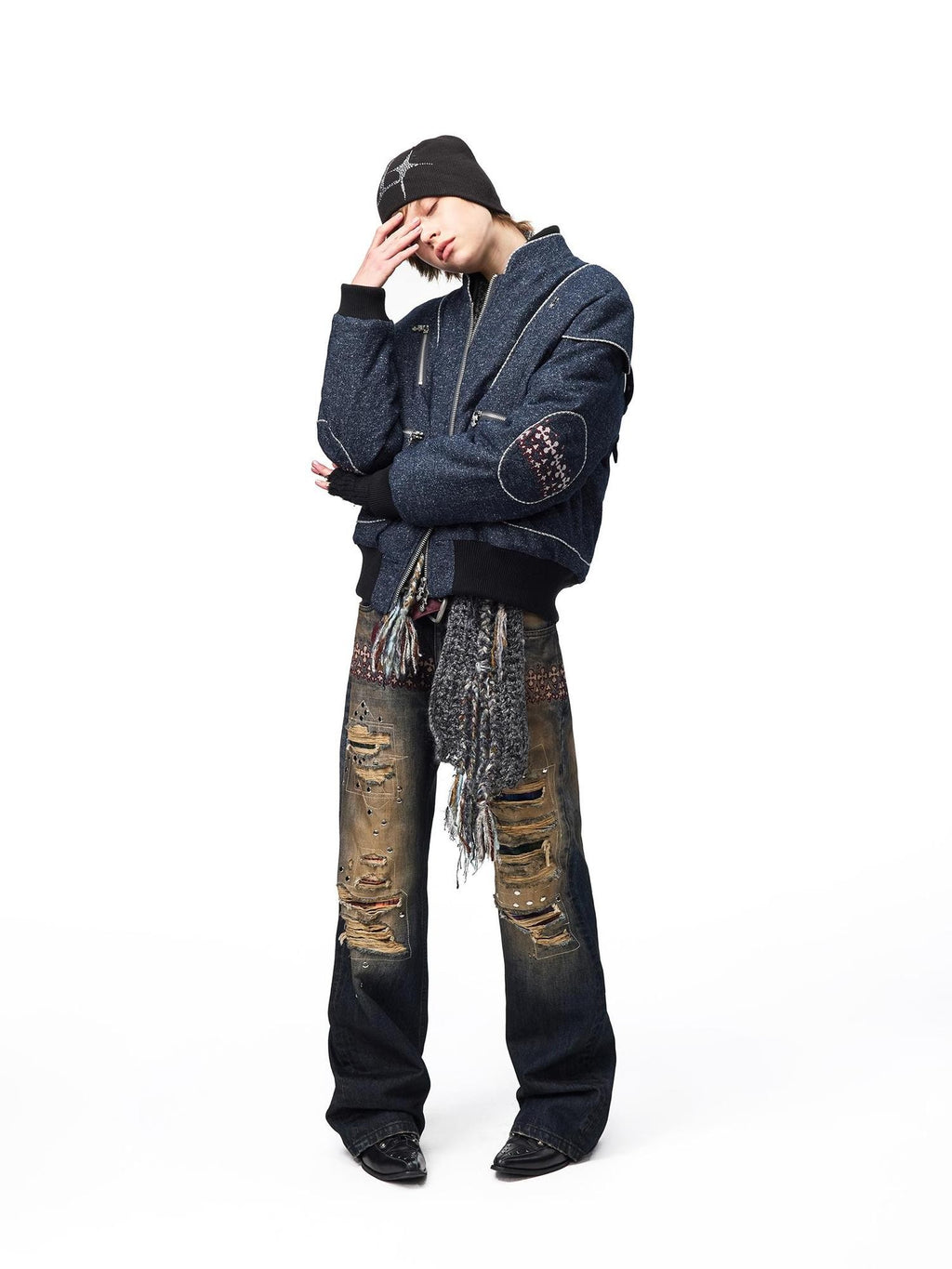 EMOBROTHER Shiny Deconstructed Embroidered Stand Collar Women's Bomber Jackets