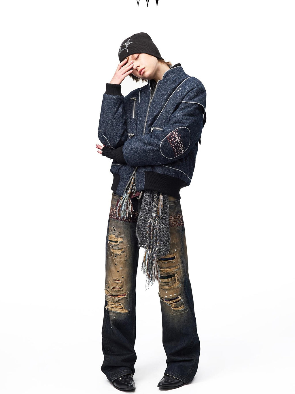 EMOBROTHER Shiny Deconstructed Embroidered Stand Collar Women's Bomber Jackets