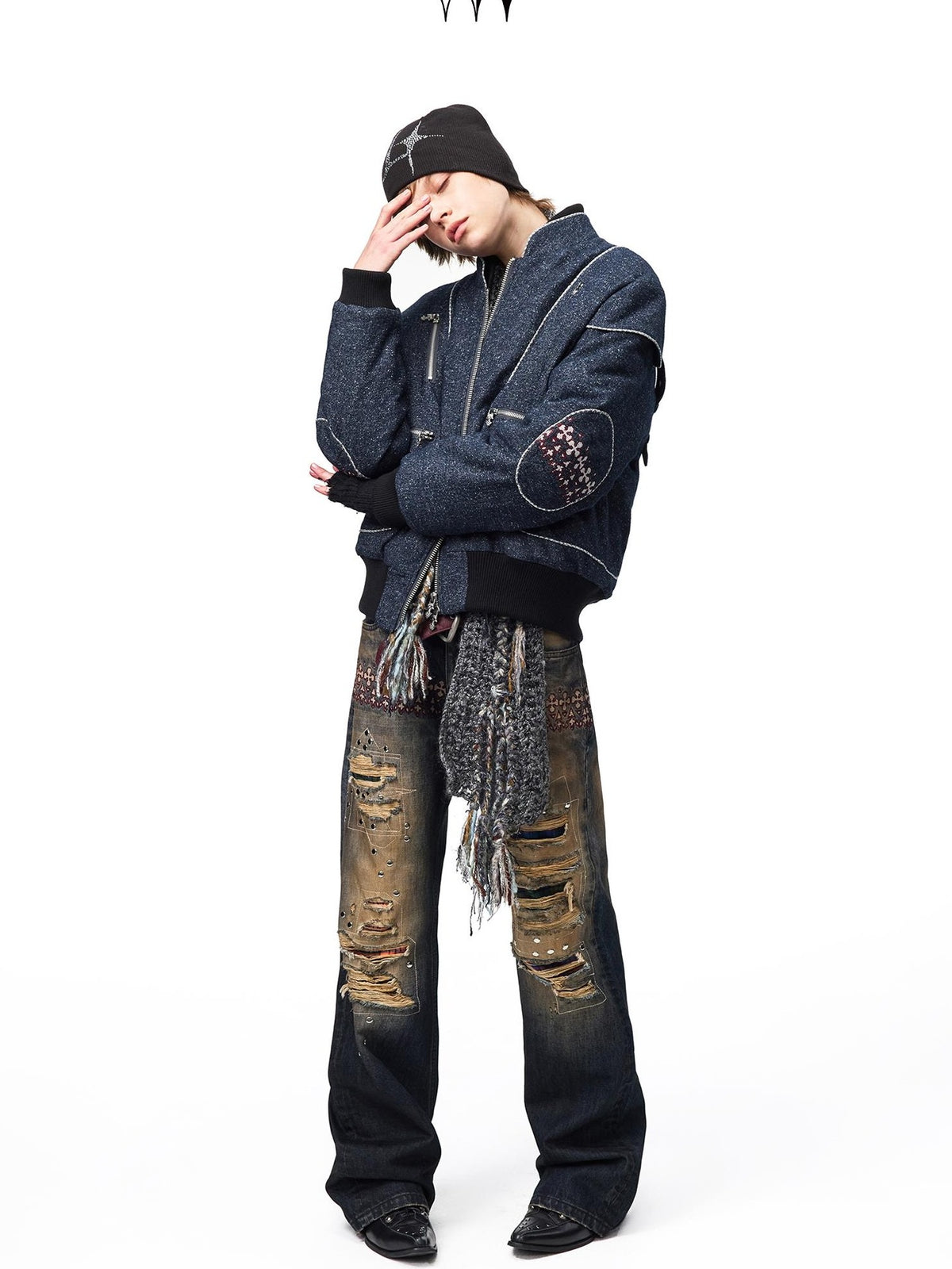 EMOBROTHER Shiny Deconstructed Embroidered Stand Collar Women's Bomber Jackets