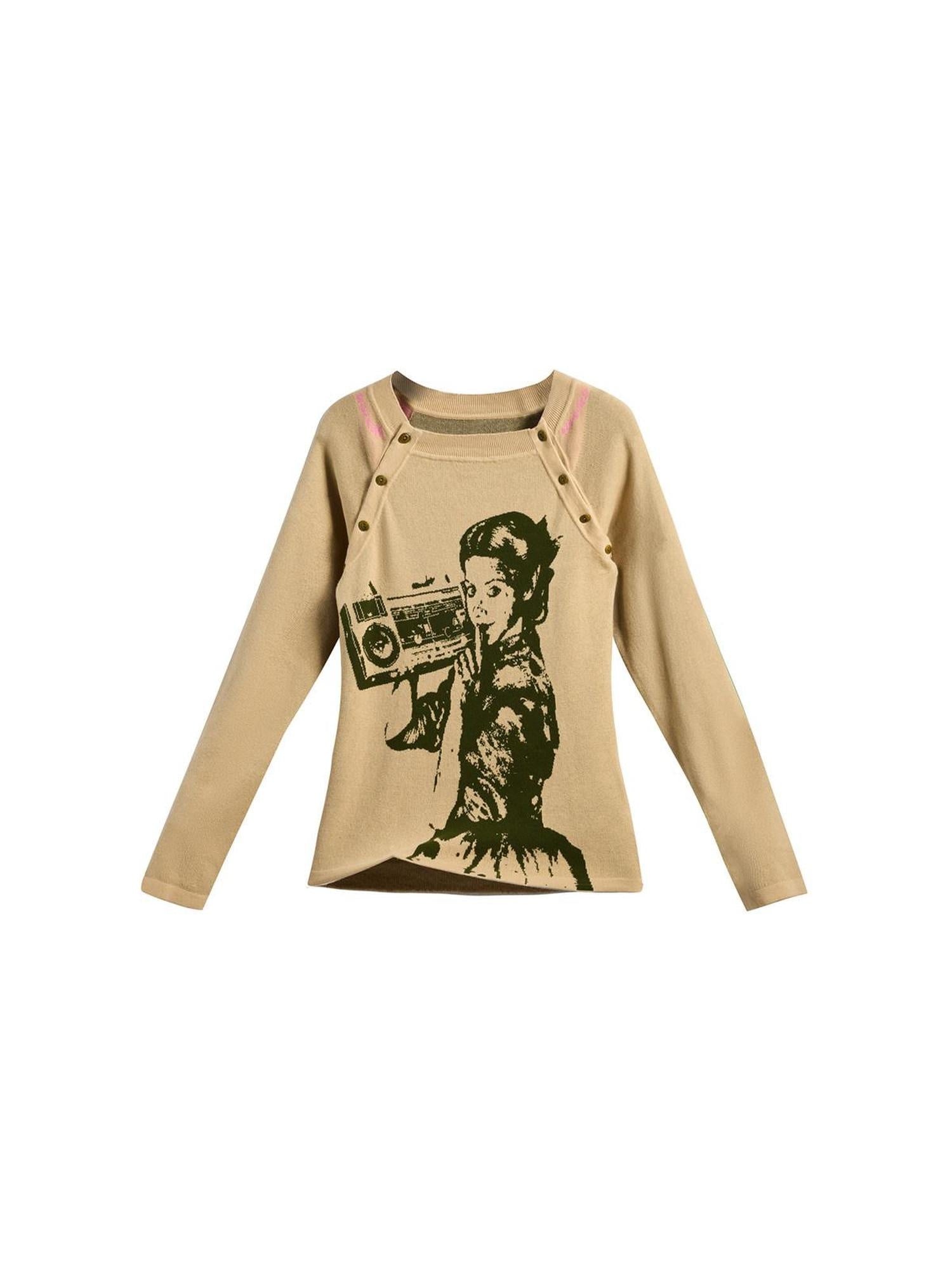 EMOBROTHER Soft Cotton Vintage Slim Character Print Round Neck Women Long Sleeve T-Shirts