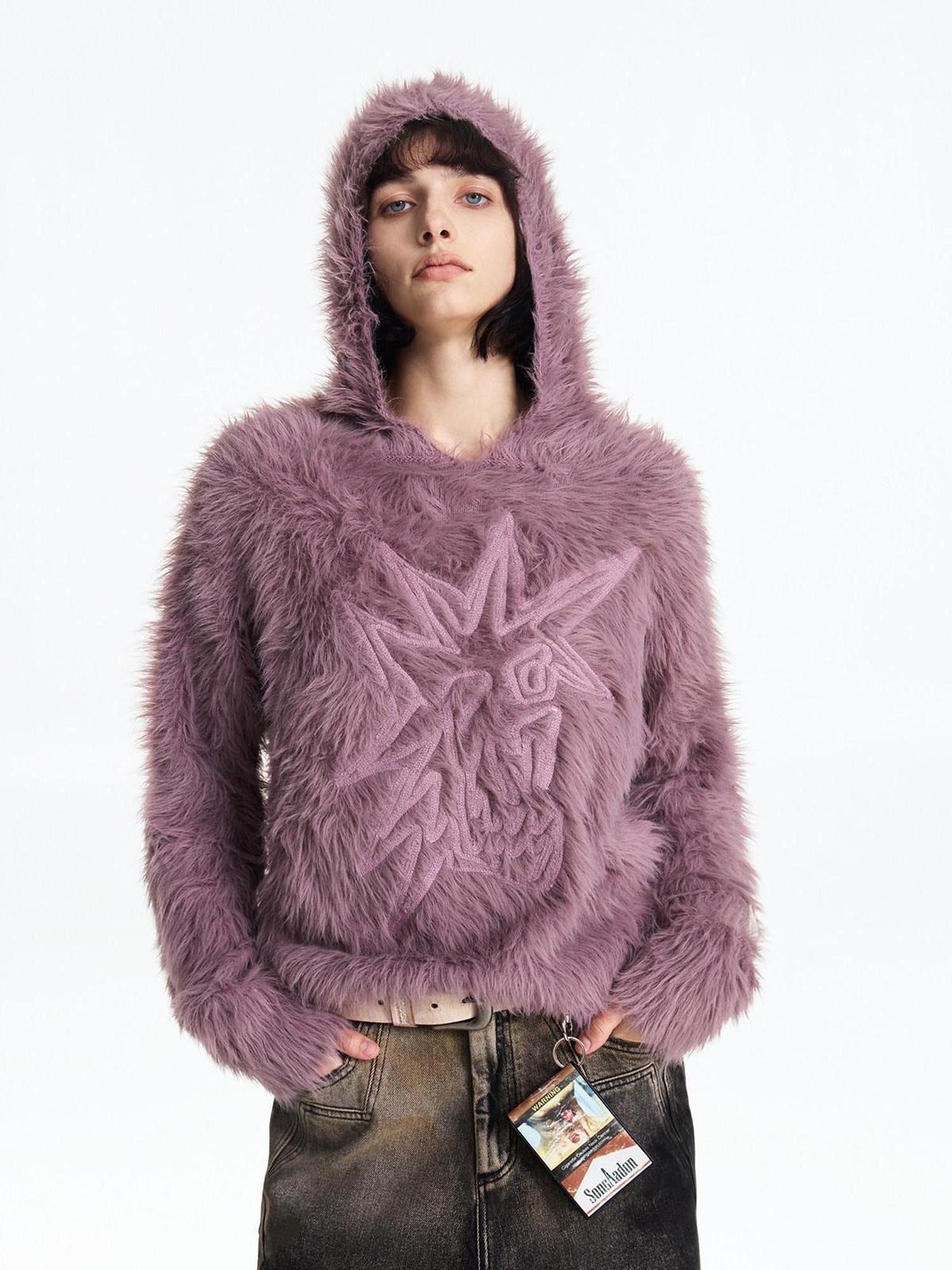 EMOBROTHER Soft Shape Retaining Loose Hooded Patch Star Punk Unisex Knitwear Sweaters