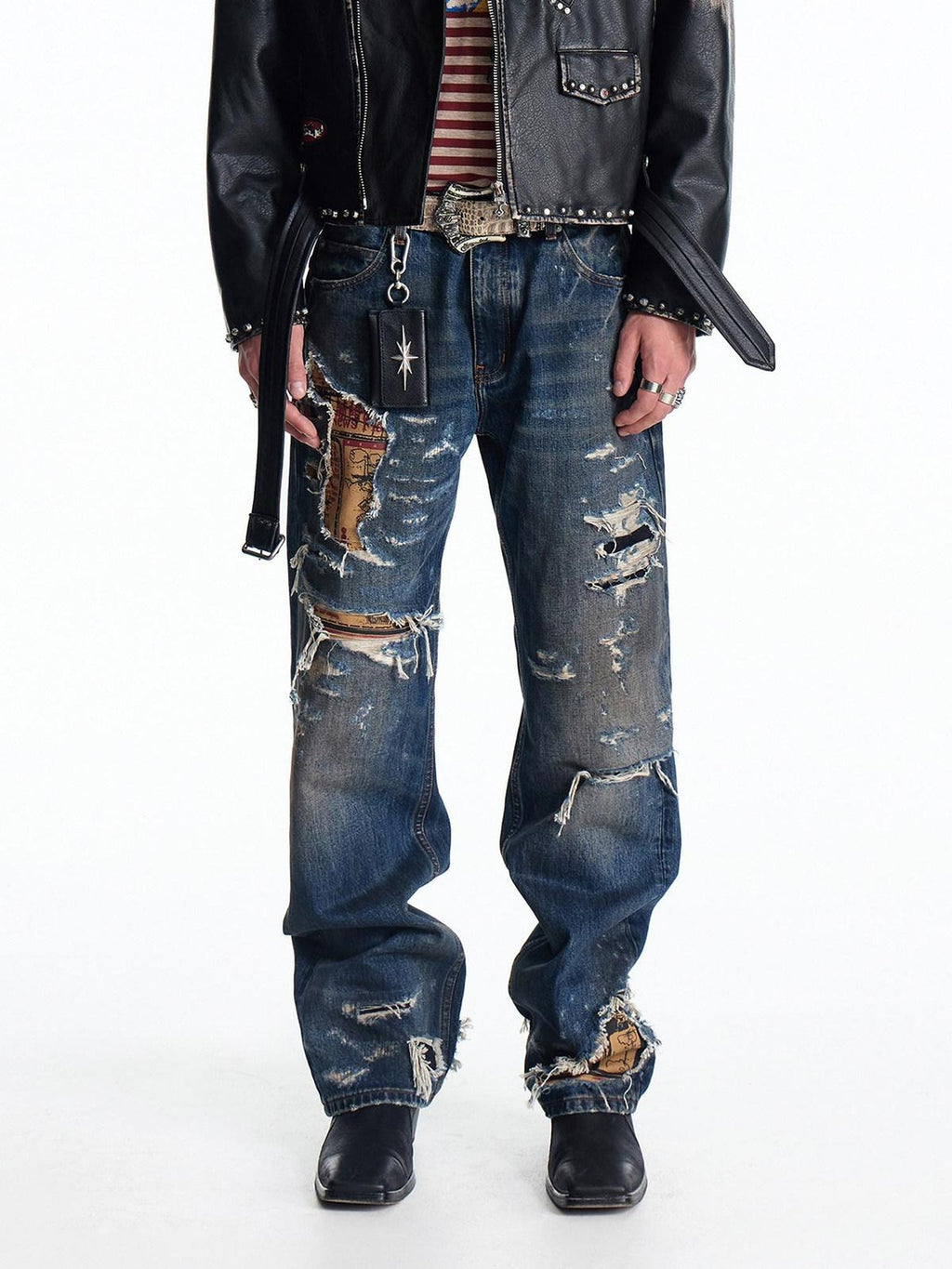 EMOBROTHER Stain Resistant Washed Ripped Mid Rise Cotton Blue Trendy Casual Straight Jeans
