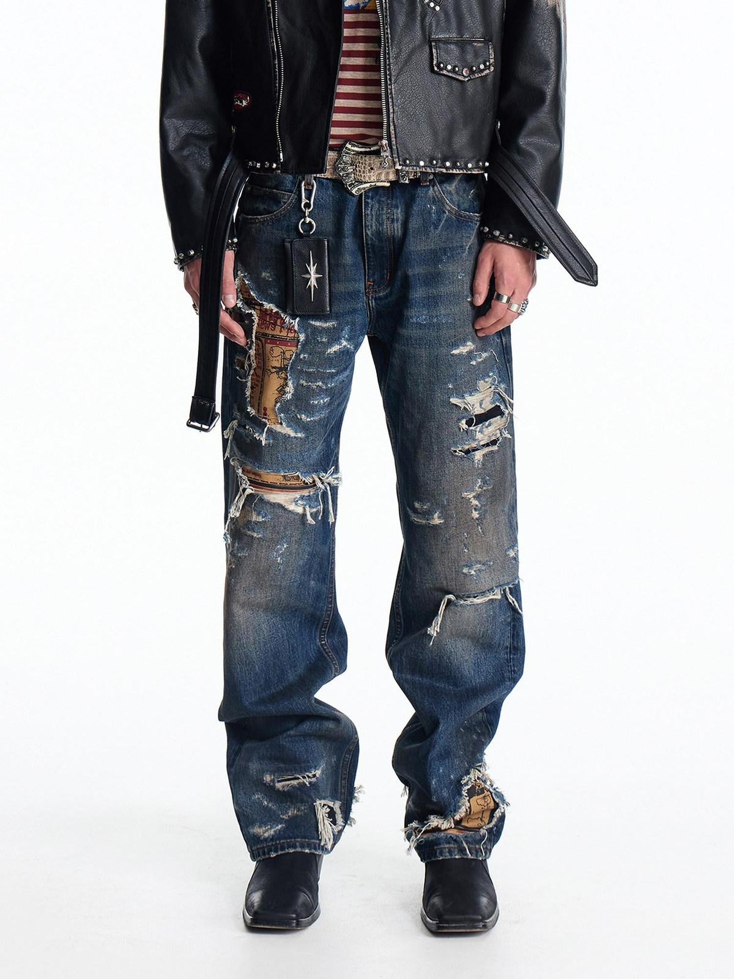 EMOBROTHER Stain Resistant Washed Ripped Mid Rise Cotton Blue Trendy Casual Straight Jeans
