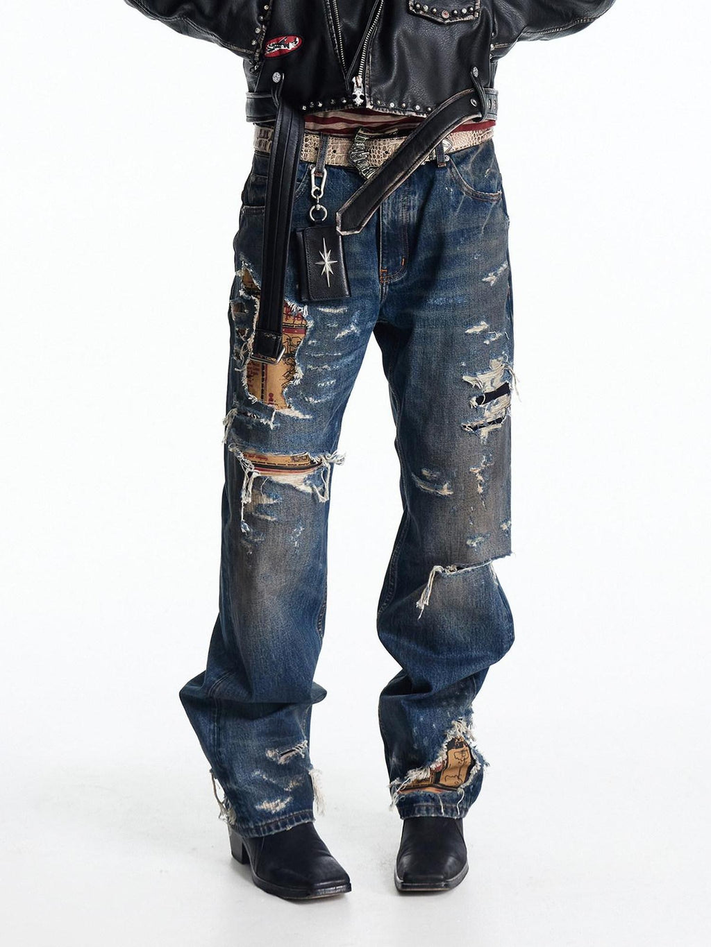 EMOBROTHER Stain Resistant Washed Ripped Mid Rise Cotton Blue Trendy Casual Straight Jeans