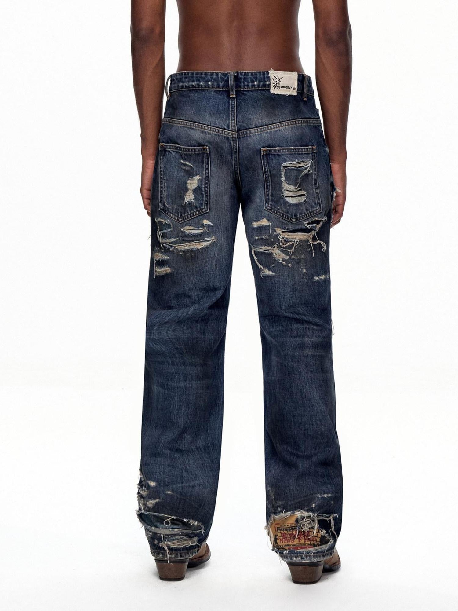 EMOBROTHER Stain Resistant Washed Ripped Mid Rise Cotton Blue Trendy Casual Straight Jeans