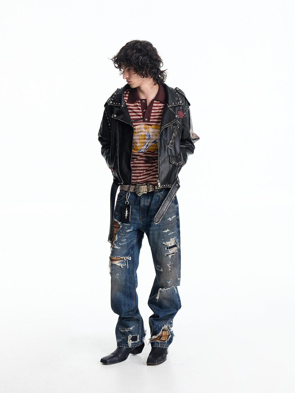 EMOBROTHER Stain Resistant Washed Ripped Mid Rise Cotton Blue Trendy Casual Straight Jeans