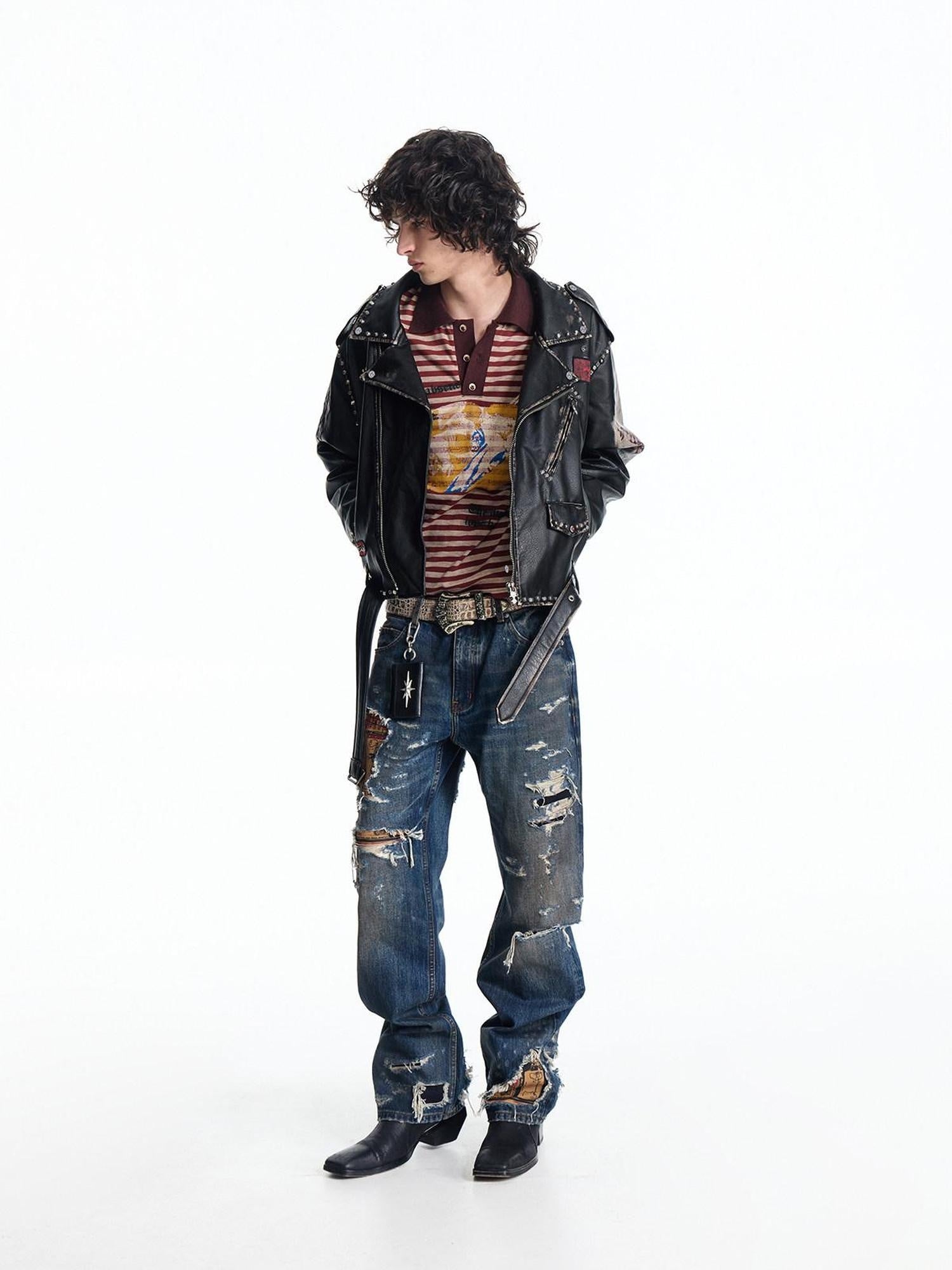 EMOBROTHER Stain Resistant Washed Ripped Mid Rise Cotton Blue Trendy Casual Straight Jeans