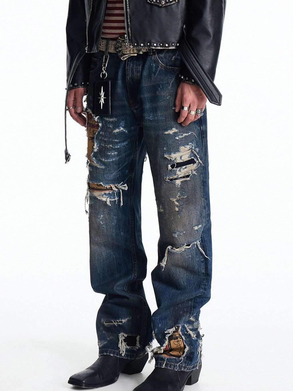 EMOBROTHER Stain Resistant Washed Ripped Mid Rise Cotton Blue Trendy Casual Straight Jeans