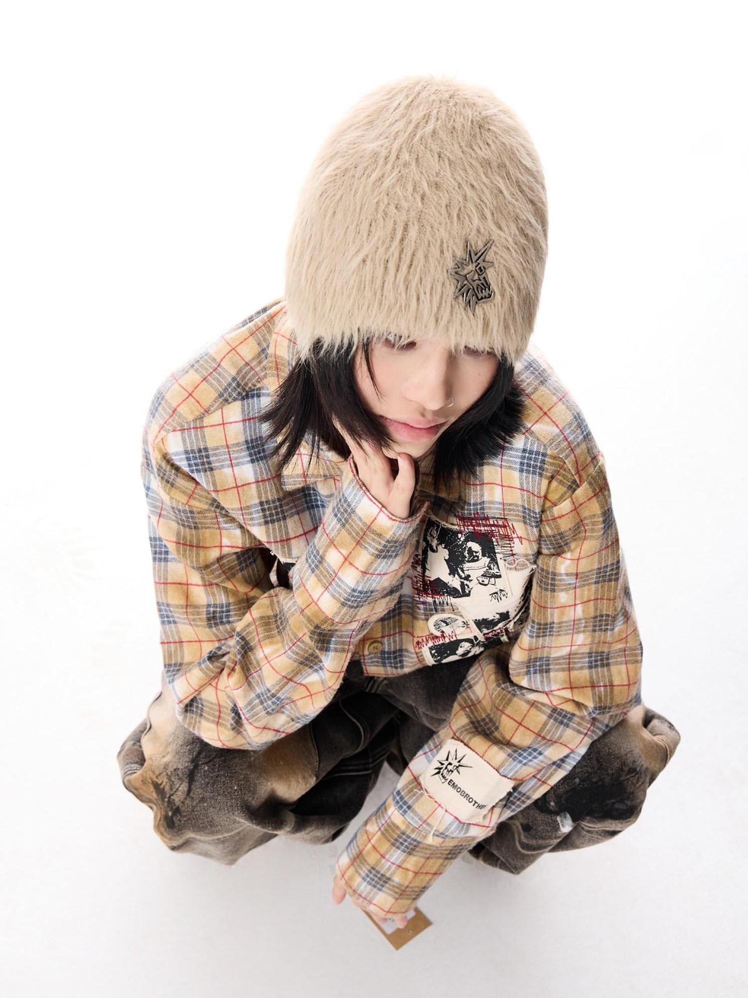 EMOBROTHER Studded Casual Knit Bell Crown Brimless Unisex Geometric Colorblock Beanie Hats