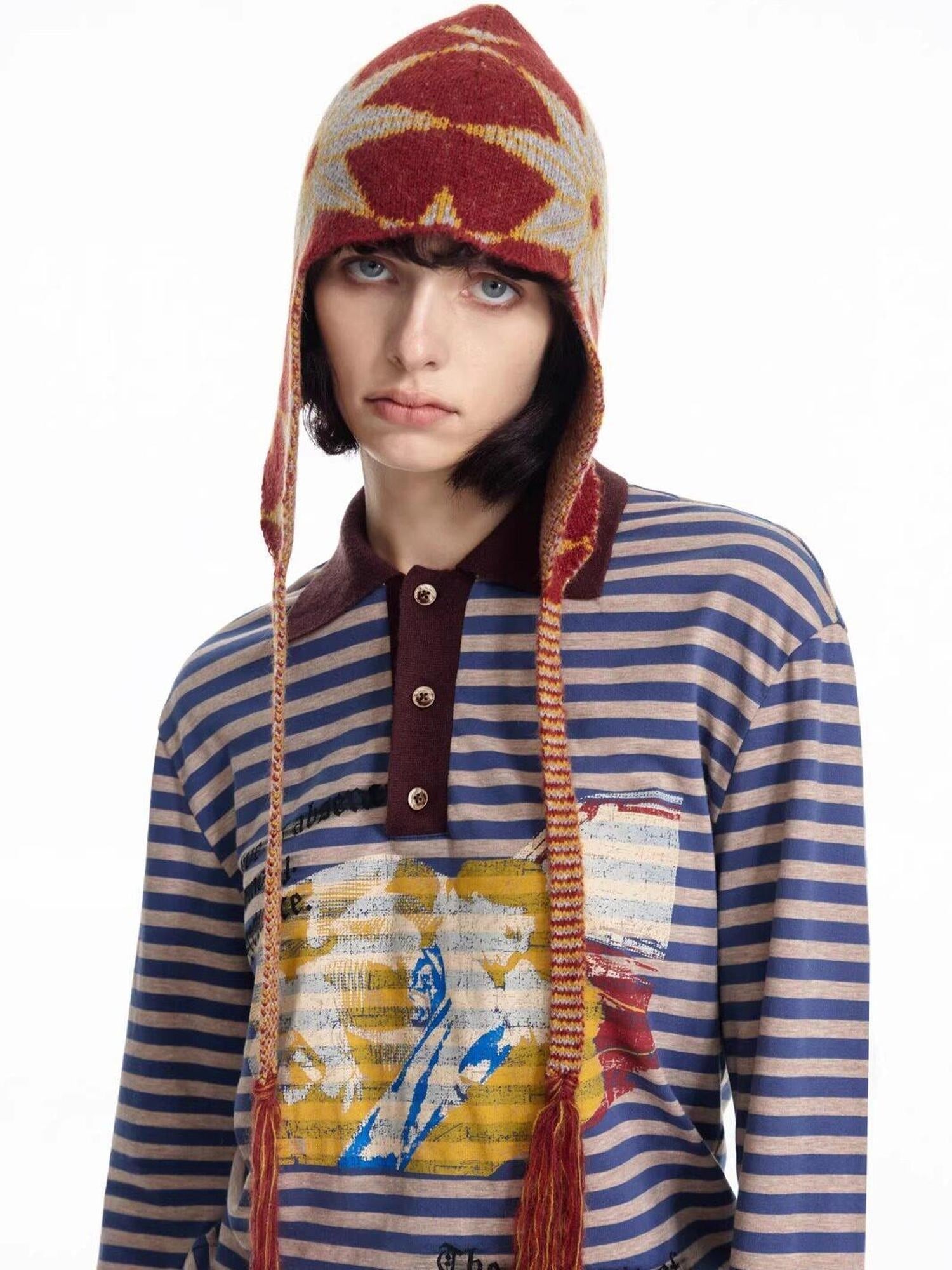 EMOBROTHER Thick Wool Warm Casual Tassel Earflap Unisex Travel Floral Round Foldable Hats