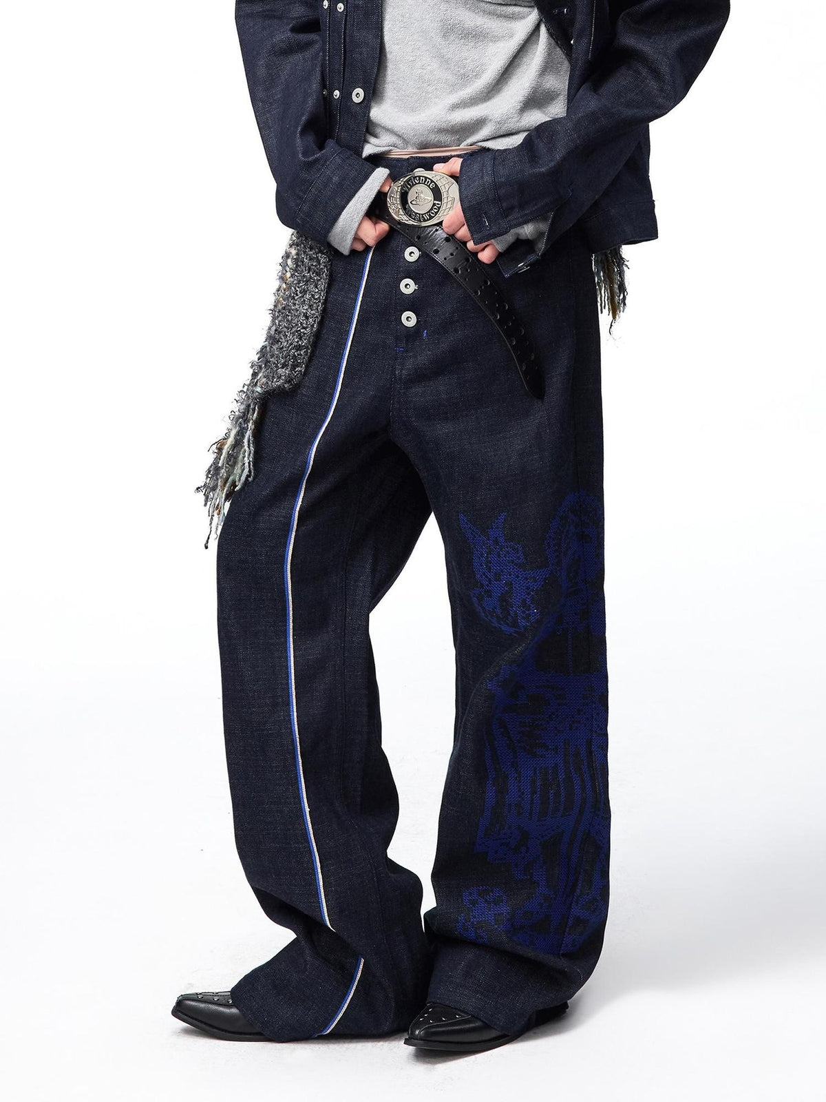 EMOBROTHER Vintage Blue Edge Embroidered Rivet Loose Fit Cotton Women's Selvedge Jeans