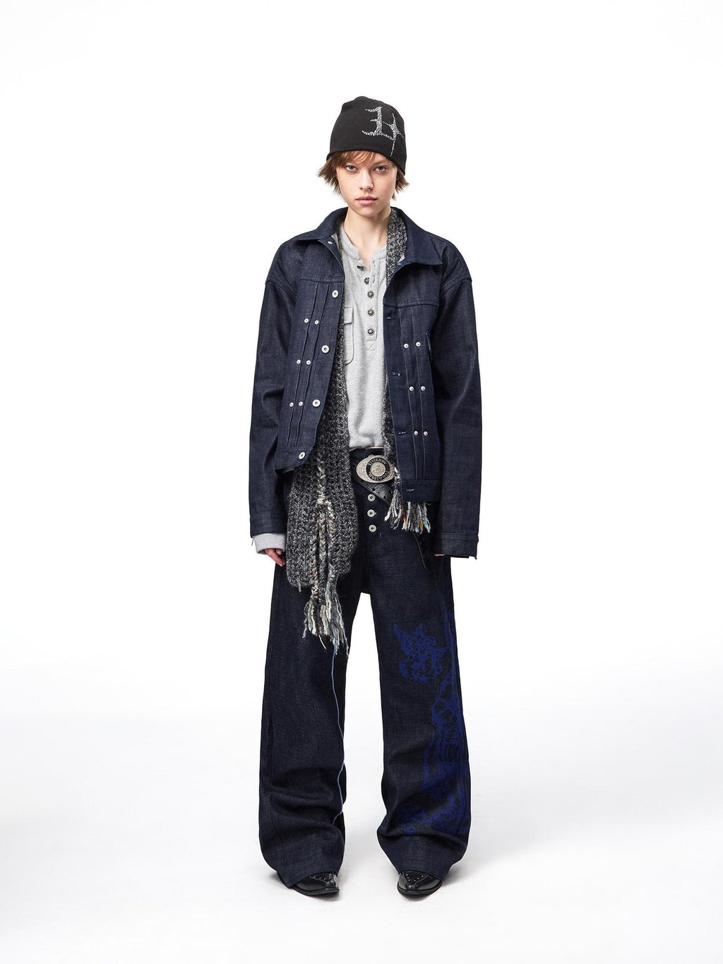 EMOBROTHER Vintage Blue Edge Embroidered Rivet Loose Fit Cotton Women's Selvedge Jeans