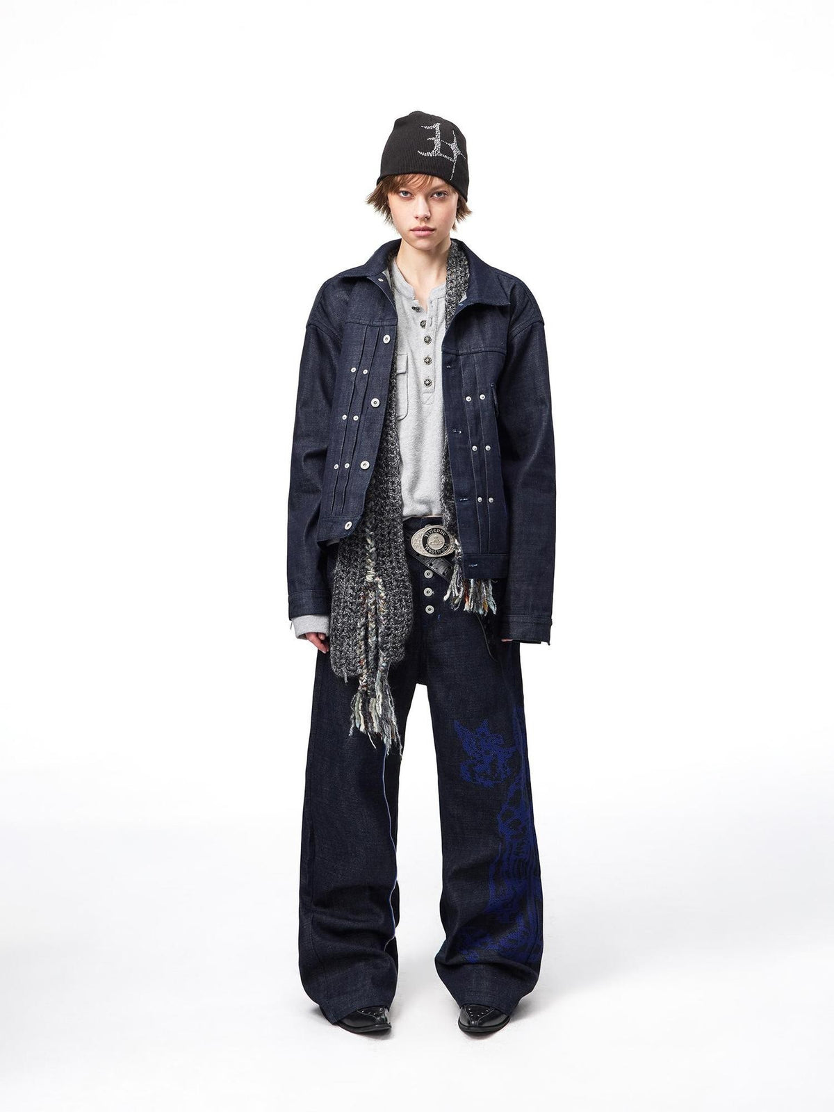 EMOBROTHER Vintage Blue Edge Embroidered Rivet Loose Fit Cotton Women's Selvedge Jeans