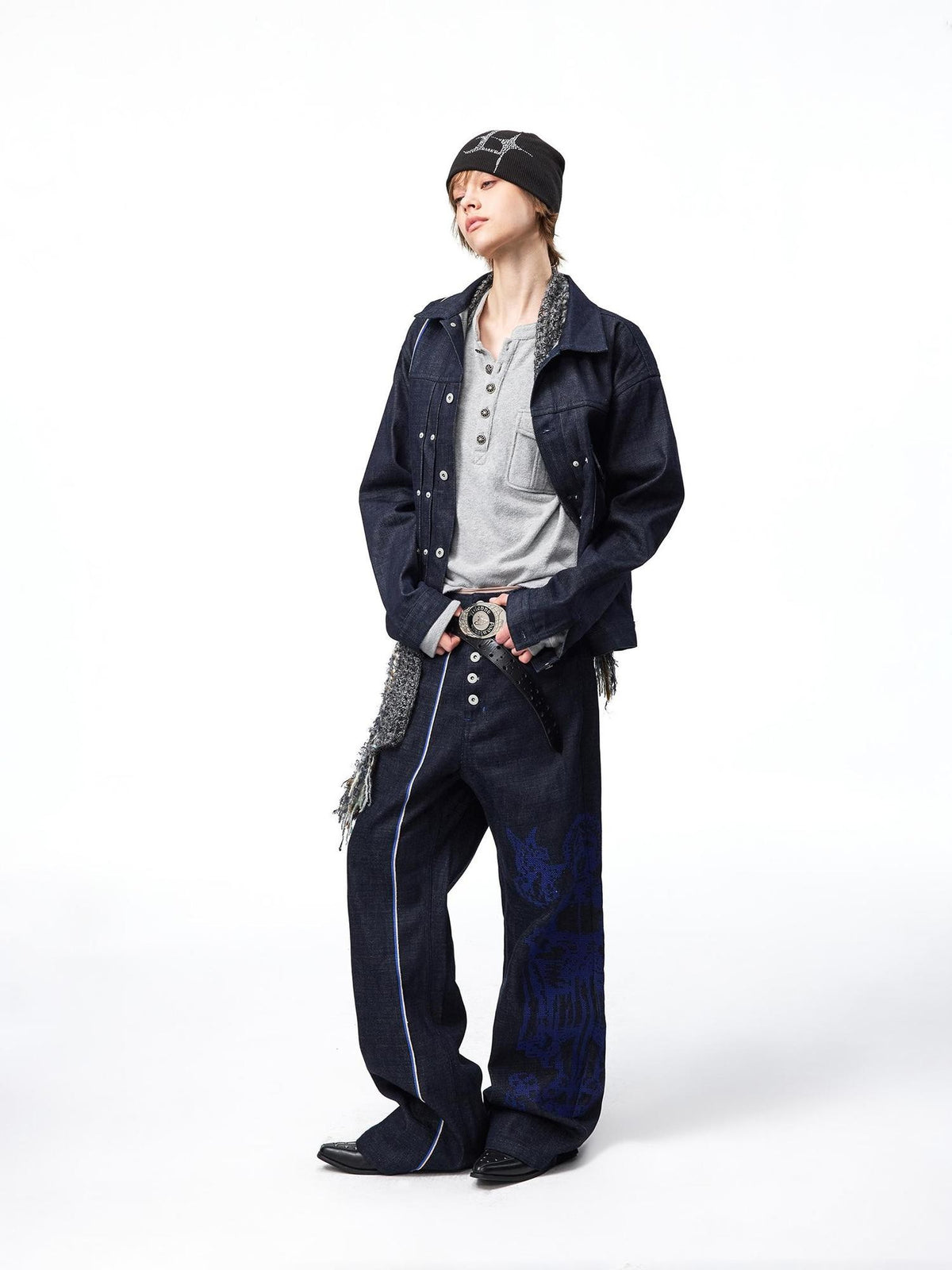 EMOBROTHER Vintage Blue Edge Embroidered Rivet Loose Fit Cotton Women's Selvedge Jeans