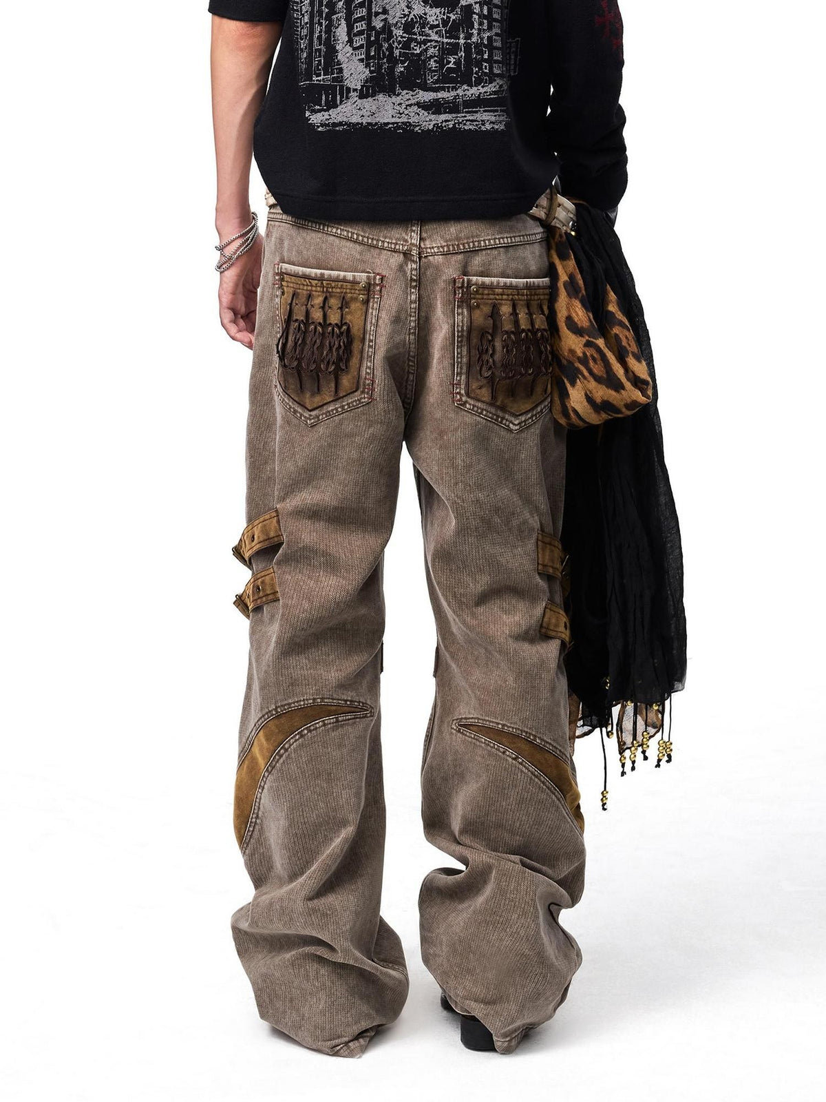 EMOBROTHER Vintage Color Block Embroidered Pu Leather Women's Cotton Bootcut Jeans