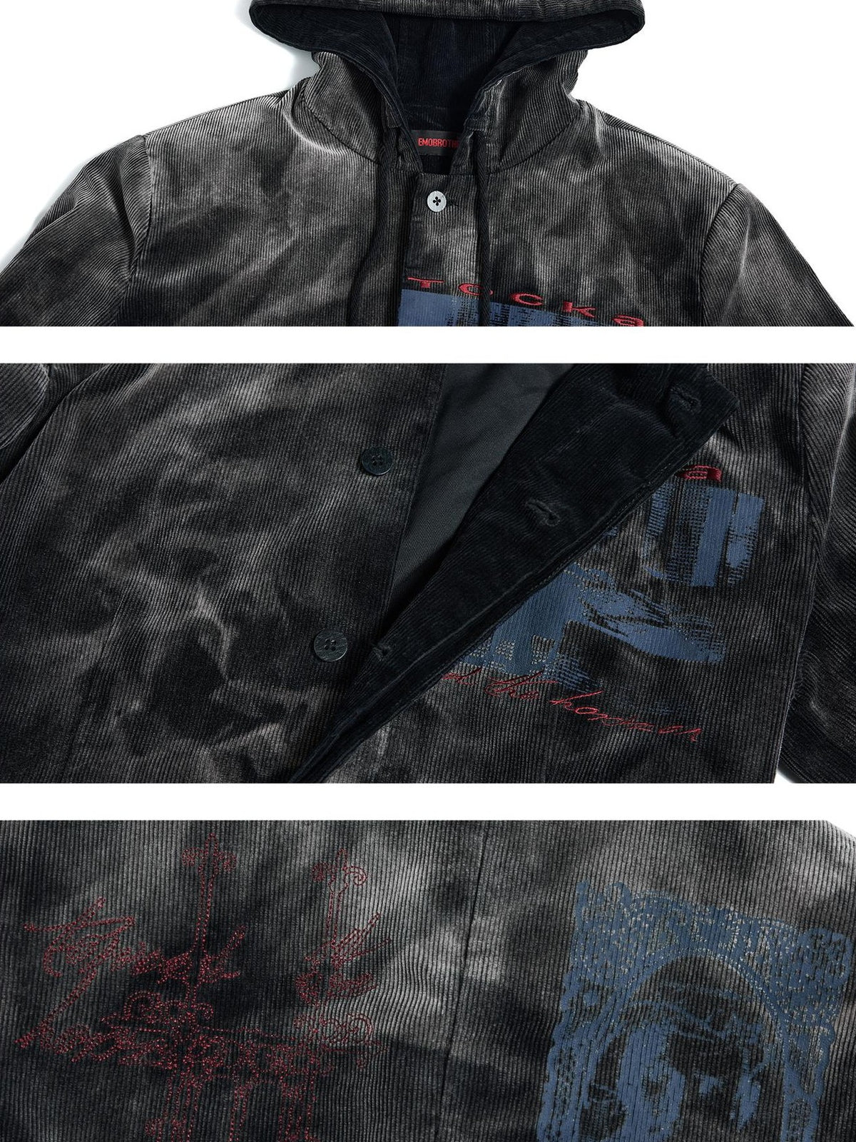 EMOBROTHER Vintage Corduroy Embroidered Washed Hooded Long Women's Jackets