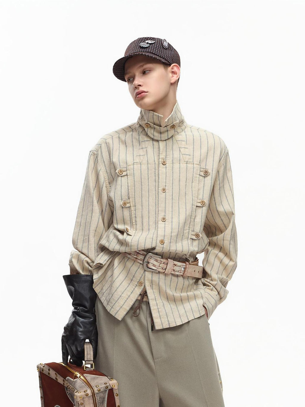 EMOBROTHER Vintage Embroidered Striped Stand Collar Women's Cotton Linen Casual Shirts
