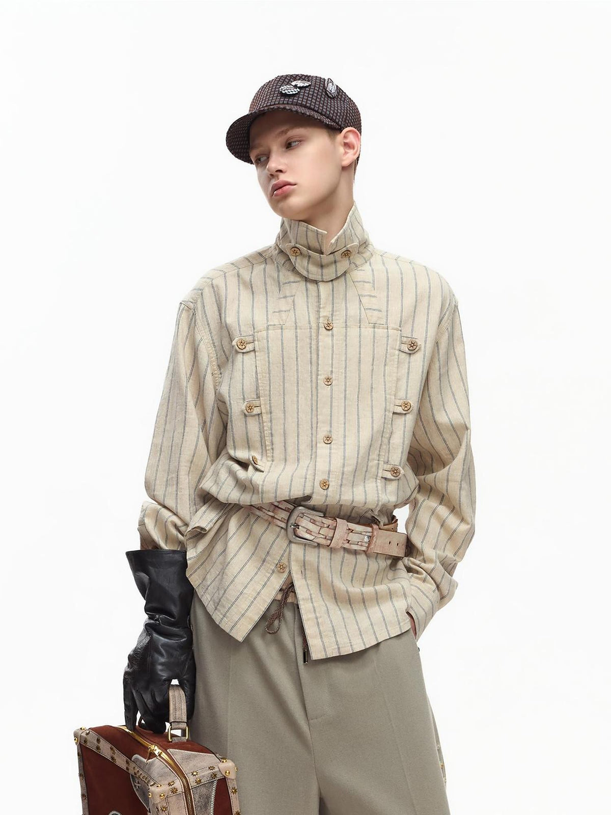 EMOBROTHER Vintage Embroidered Striped Stand Collar Women's Cotton Linen Casual Shirts