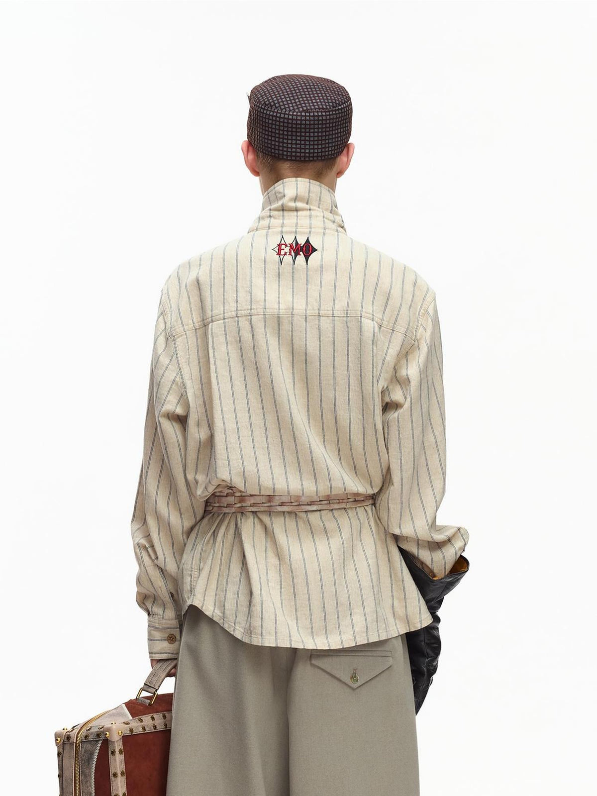 EMOBROTHER Vintage Embroidered Striped Stand Collar Women's Cotton Linen Casual Shirts