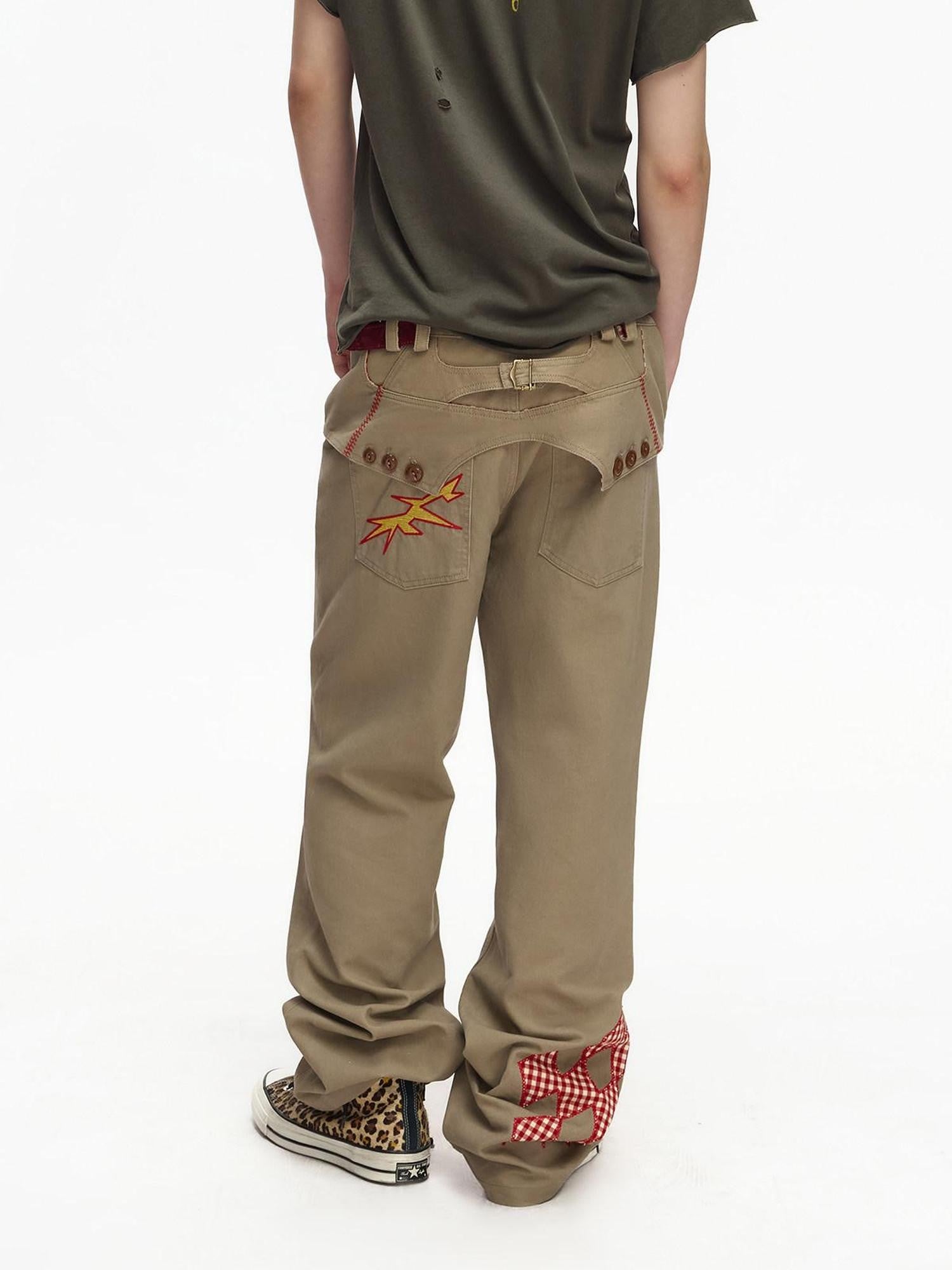 EMOBROTHER Vintage Khaki Embroidered Contrast Red Plaid Women's Washed Denim Bootcut Jeans
