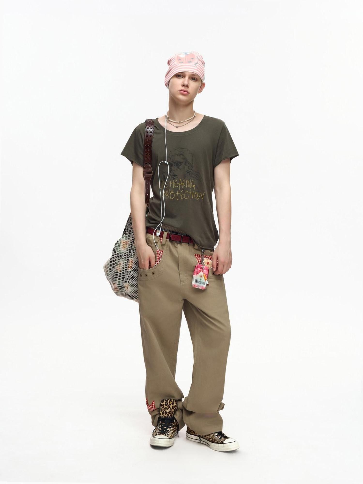 EMOBROTHER Vintage Khaki Embroidered Contrast Red Plaid Women's Washed Denim Bootcut Jeans