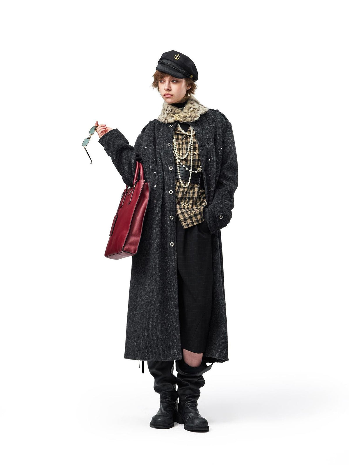EMOBROTHER Vintage Leopard Print Detachable Faux Fur Collar Belted Wool Blend Women's Trench Coats