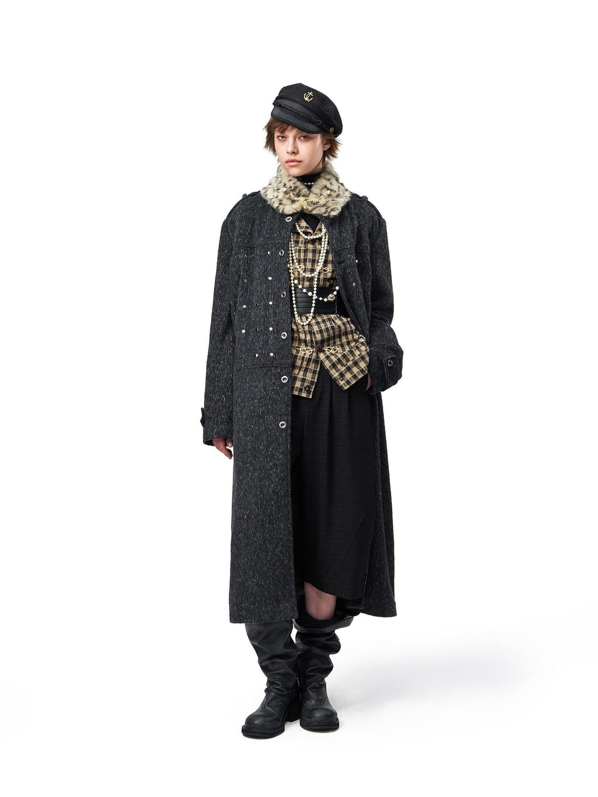 EMOBROTHER Vintage Leopard Print Detachable Faux Fur Collar Belted Wool Blend Women's Trench Coats