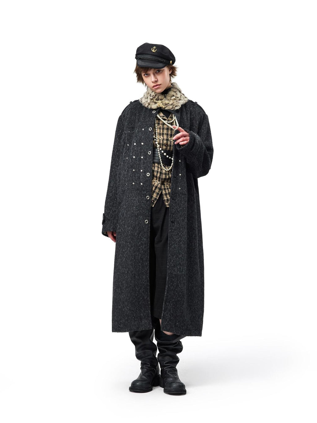 EMOBROTHER Vintage Leopard Print Detachable Faux Fur Collar Belted Wool Blend Women's Trench Coats