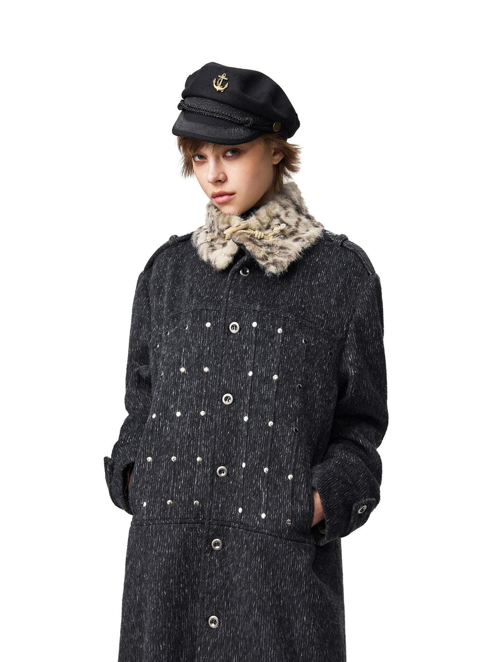 EMOBROTHER Vintage Leopard Print Detachable Faux Fur Collar Belted Wool Blend Women's Trench Coats